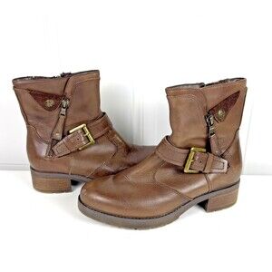Earth Drumlin Boots Women's Size 7.5D Leather Moto Block Heel Buckle Side Zip